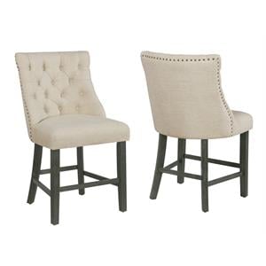 Beige Linen Fabric Counterheight Dining Chairs with Tufted Seats (Set of 2)