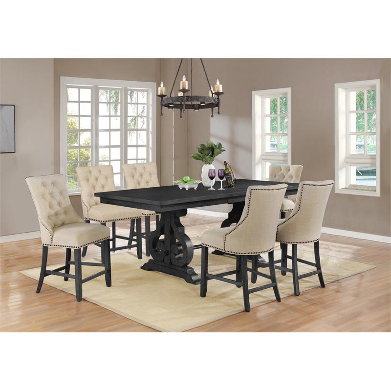 Counterheight 7pc Dining Set in Dark Gray Wood with Beige Linen Chairs
