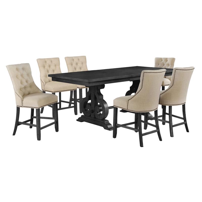 Counterheight 7pc Dining Set in Dark Gray Wood with Beige Linen Chairs