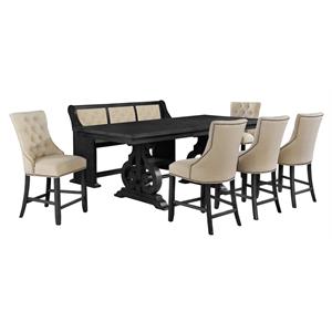 Counterheight Dark Gray Wood Dining Set with Beige Linen Chairs + Bench