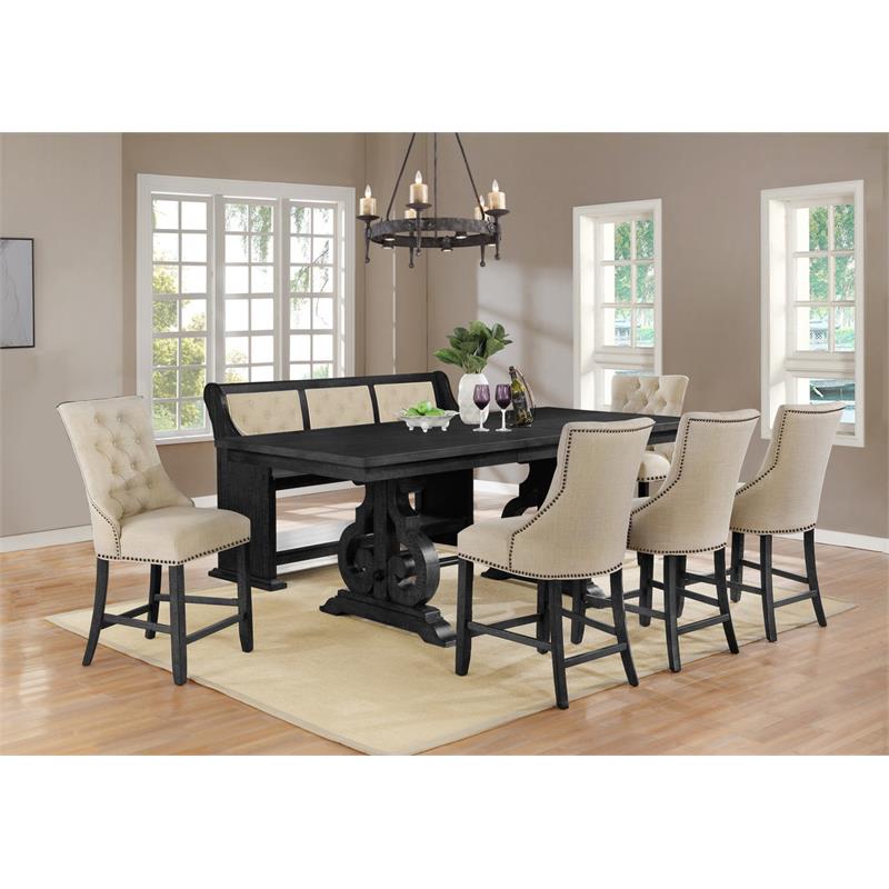 Counterheight Dining Bench Upholstered with Beige Linen Fabric