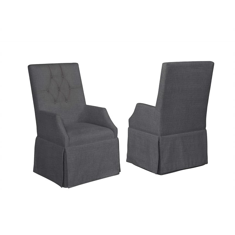 Gray Linen Fabric Dining Arm Skirt Chairs with Tufted Seat Backs (Set of 2)