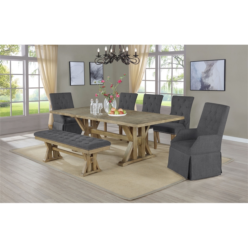 Gray Linen Fabric Dining Bench with Tufted Seat and Rustic Oak Wood