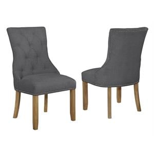 Dark Gray Linen Fabric Dining Chairs with Rustic Oak Wood (Set of 2)