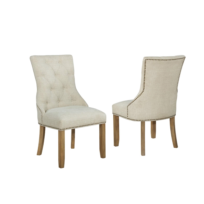 Beige Linen Fabric Dining Chairs with Rustic Oak Wood (Set of 2)