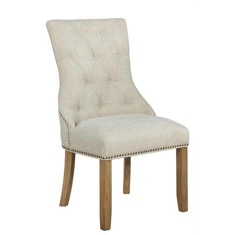 Beige Linen Fabric Dining Chairs with Rustic Oak Wood (Set of 2)