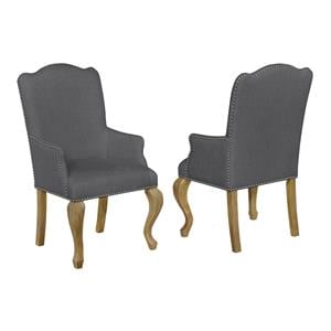 Rustic Oak Wood Dining Arm Chairs Upholstered in Gray Linen Fabric (Set of 2)