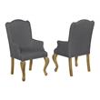 Rustic Oak Wood Dining Arm Chairs Upholstered in Gray Linen Fabric (Set of 2)