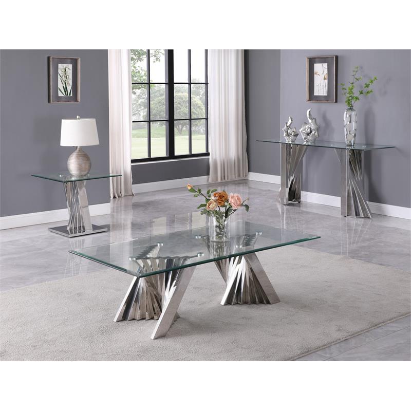 Geometric Clear Glass Coffee Table with Silver Stainless Steel