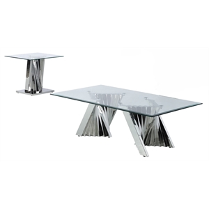 Geometric Clear Glass Coffee + End Table Set with Silver Stainless Steel
