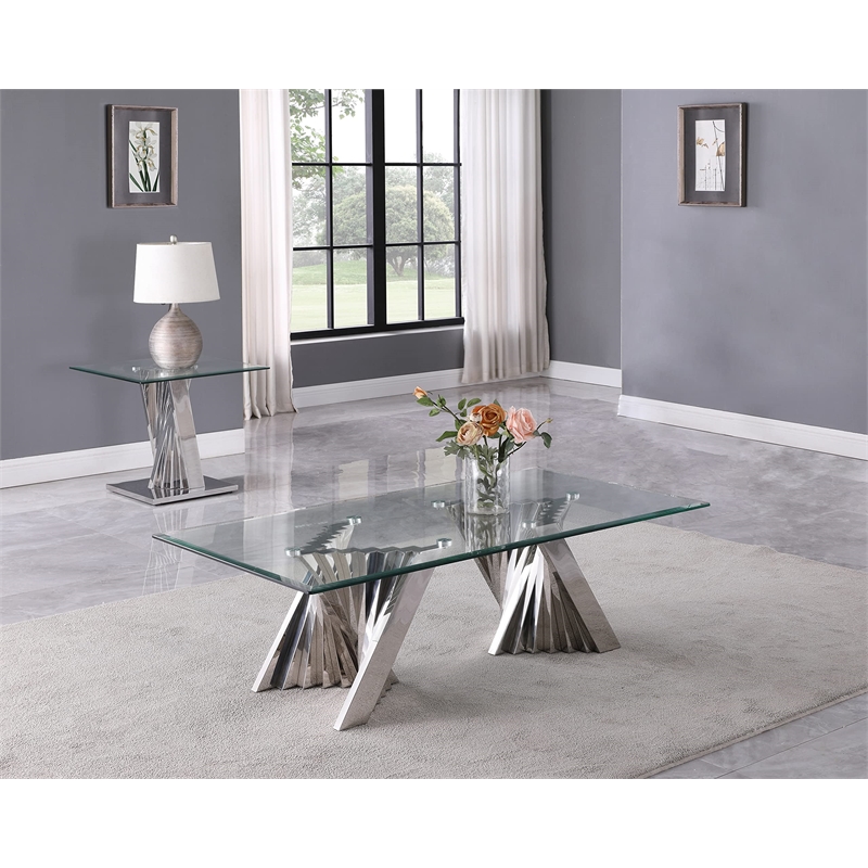 Geometric Clear Glass Coffee + End Table Set with Silver Stainless Steel