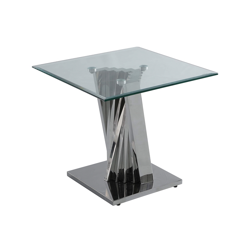 Geometric Clear Glass Coffee + End Table Set with Silver Stainless Steel
