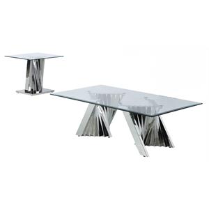 geometric clear glass coffee + end table set with silver stainless steel