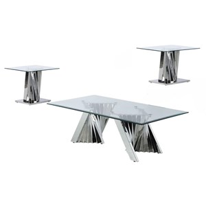geometric clear glass coffee + 2 end table set with silver stainless steel