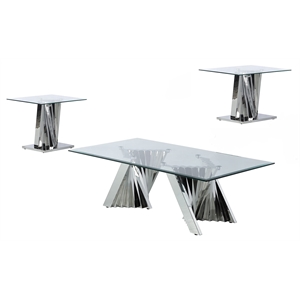 Geometric Clear Glass Coffee + 2 End Table Set with Silver Stainless Steel