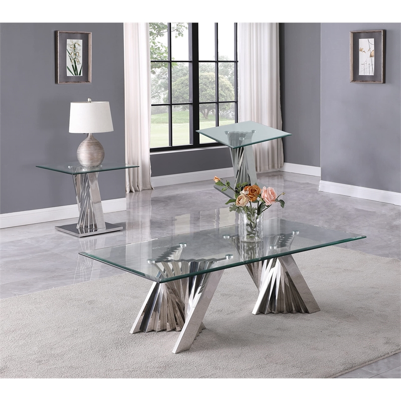Geometric Clear Glass Coffee + 2 End Table Set with Silver Stainless Steel