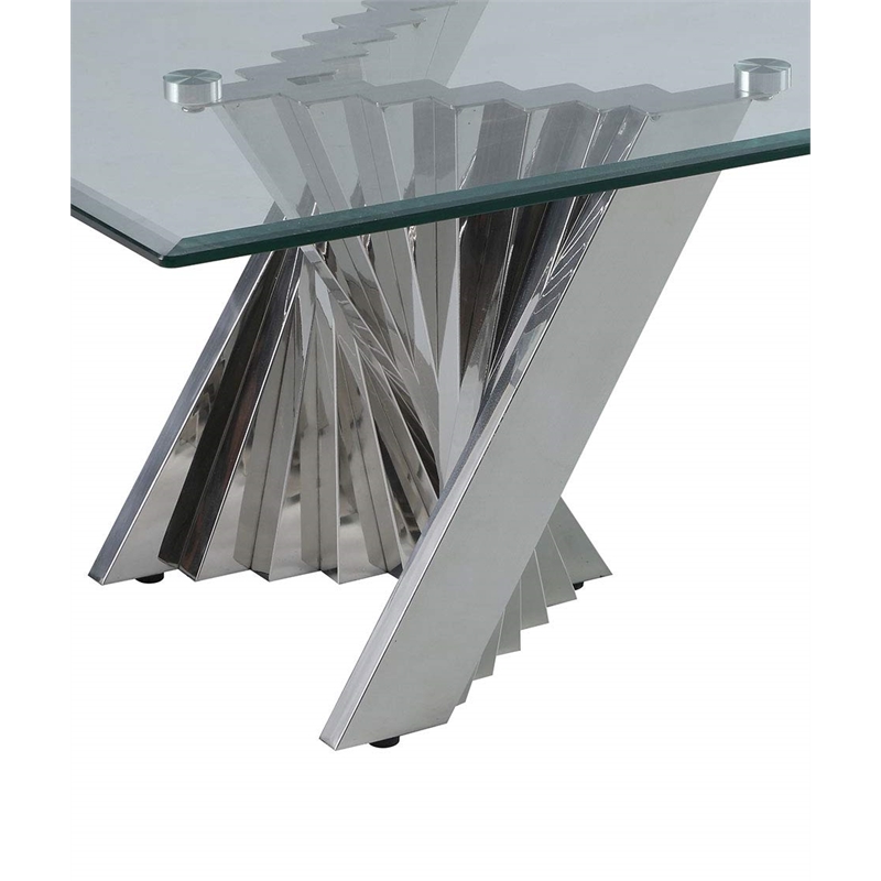 Geometric Clear Glass Coffee + 2 End Table Set with Silver Stainless Steel