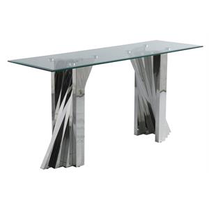 geometric clear glass console table with silver stainless steel