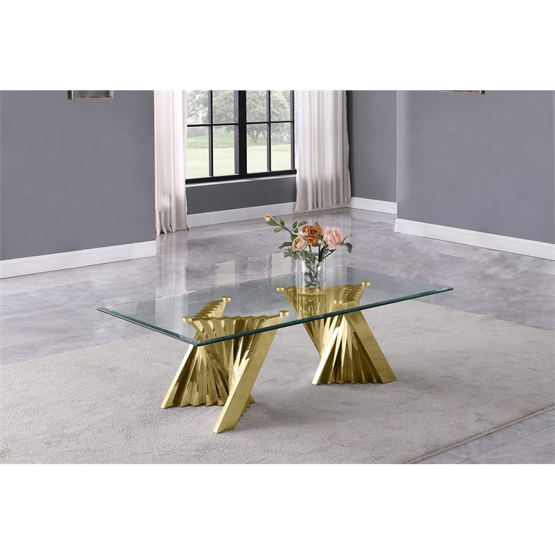 Geometric Clear Glass Coffee Table with Gold Stainless Steel