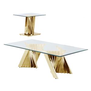 geometric clear glass coffee + end table set with gold stainless steel