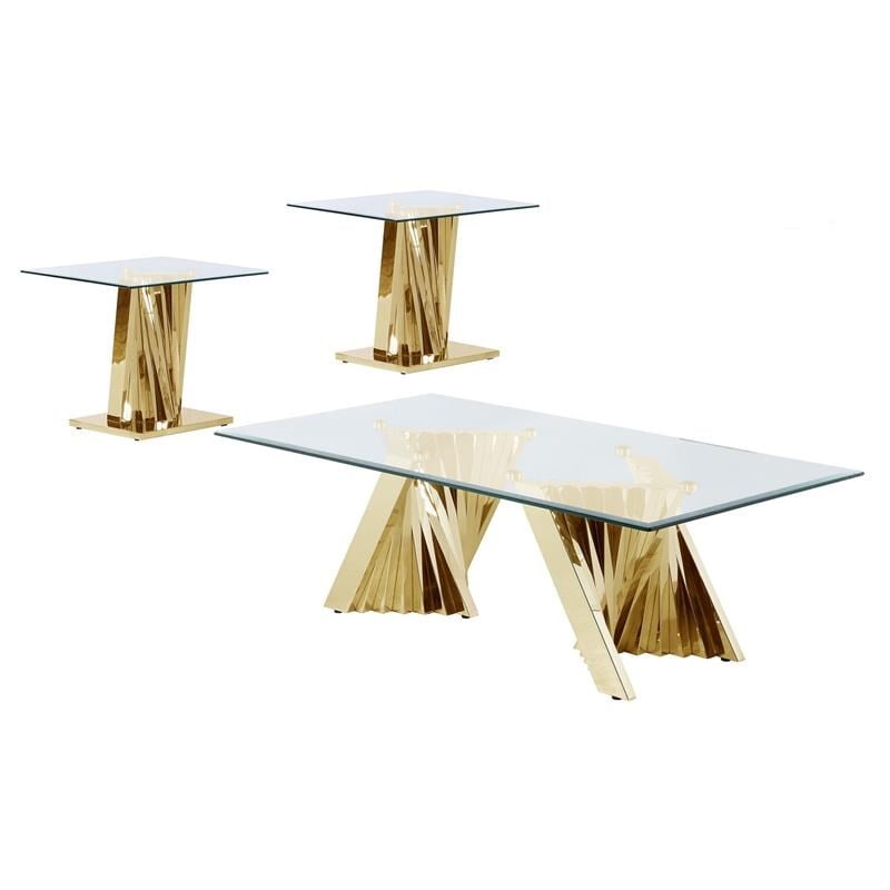 Geometric Clear Glass Coffee + 2 End Table Set with Gold Stainless Steel