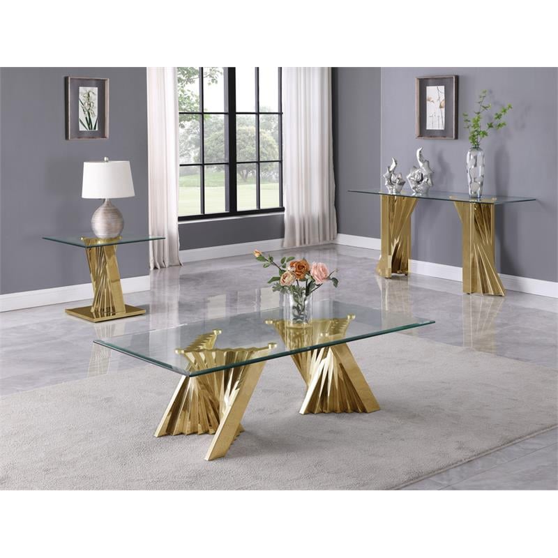 Geometric Clear Glass Coffee + End + Console Table Set with Gold Stainless Steel