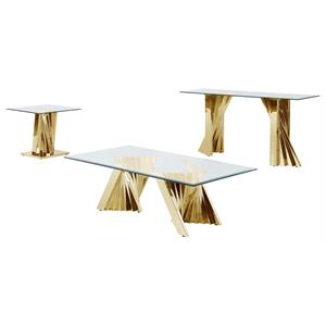 geometric clear glass coffee + end + console table set with gold stainless steel