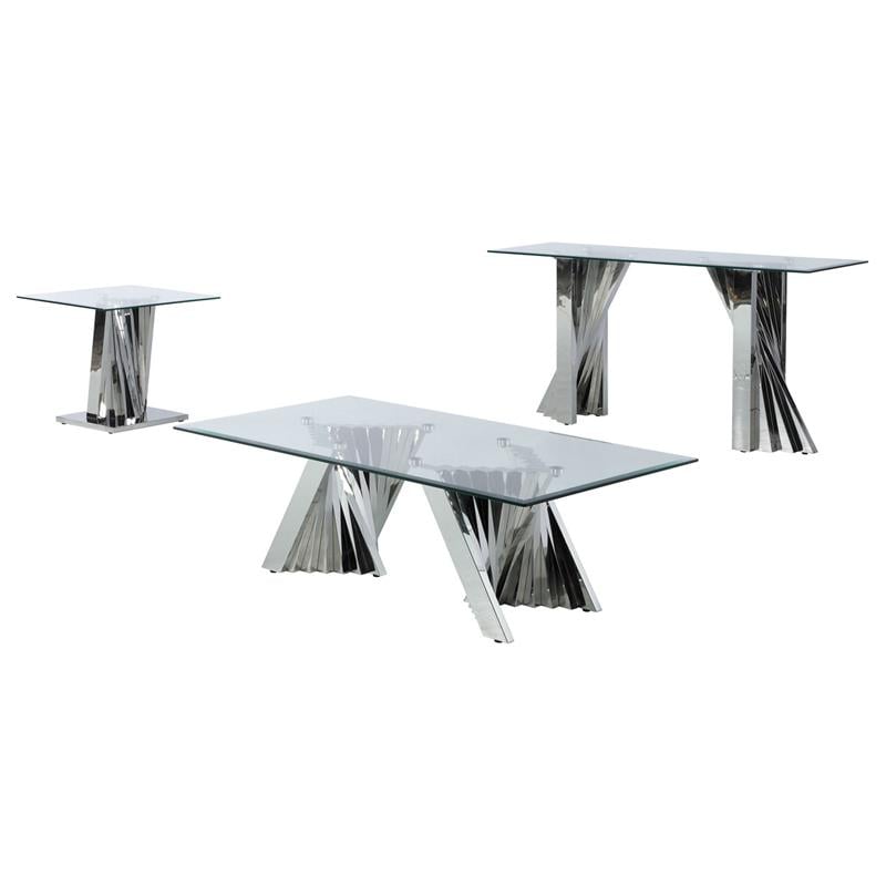 Geometric Clear Glass Coffee + End + Console Set with Silver Stainless Steel