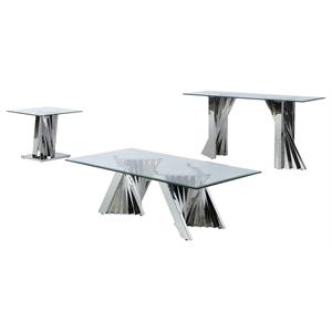 geometric clear glass coffee + end + console set with silver stainless steel