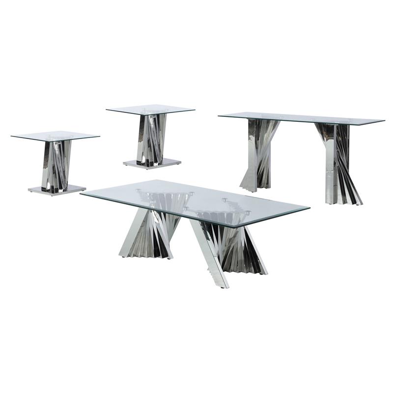 Geometric Clear Glass Coffee + 2 End + Console Set with Silver Stainless Steel