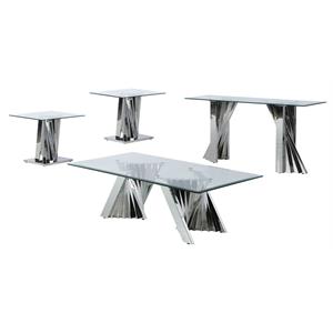 geometric clear glass coffee + 2 end + console set with silver stainless steel