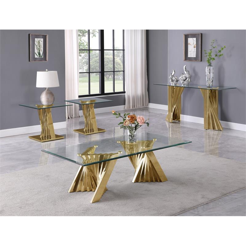 Geometric Clear Glass Coffee + 2 End + Console Set with Gold Stainless Steel