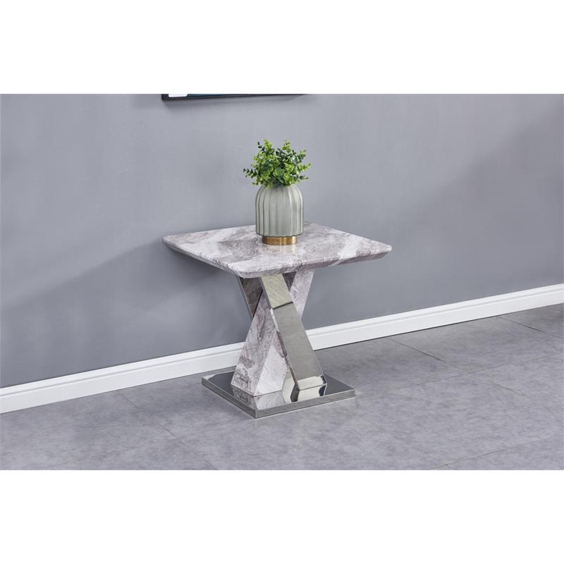 Faux White Marble End Table with Silver Stainless Steel Base