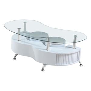 glossy white coffee table with a clear glass top and 2 stools