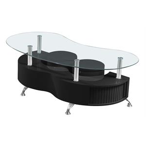 glossy black coffee table with a clear glass top and 2 stools