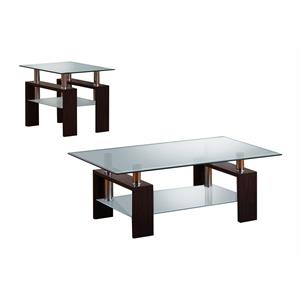 clear glass 2pc coffee table set with espresso base (coffee + end)