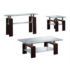 clear glass 3pc coffee table set with espresso base (coffee + end + console)