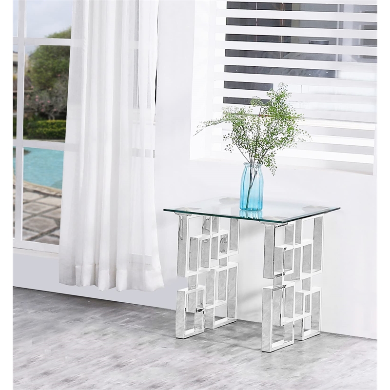 Contemporary Clear Glass End Table with Silver Stainless Steel Base