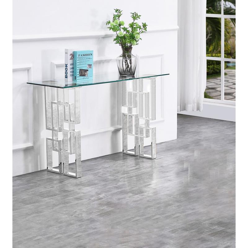 Contemporary Clear Glass Console Table with Silver Stainless Steel Base