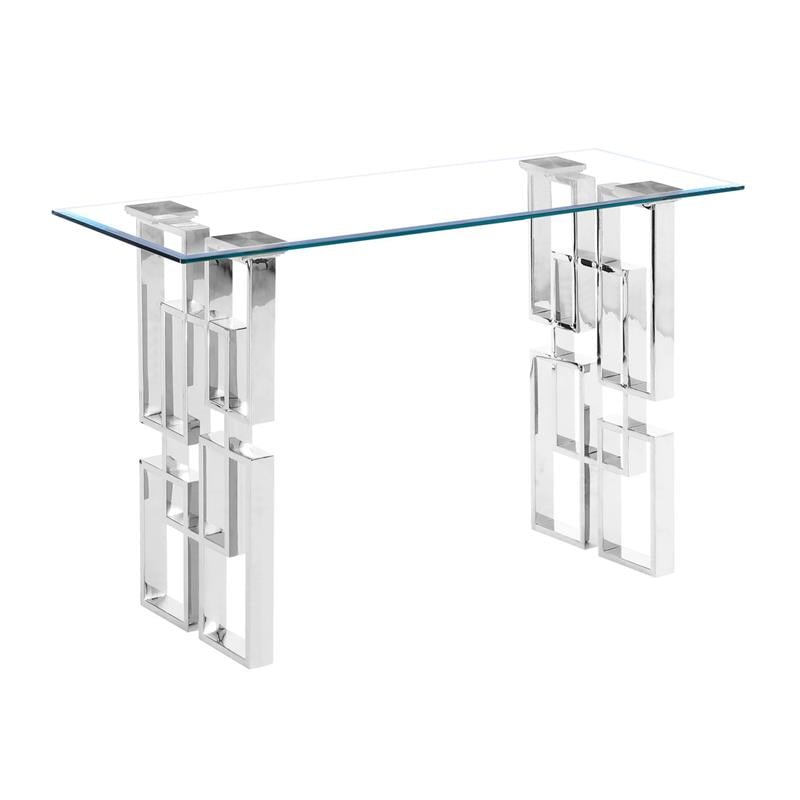 Contemporary Clear Glass Console Table with Silver Stainless Steel Base