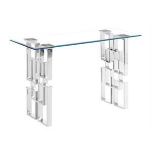 contemporary clear glass console table with silver stainless steel base