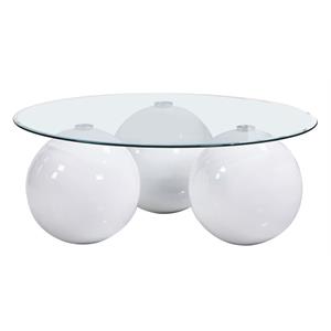 modern white coffee table with clear glass top and spherical base