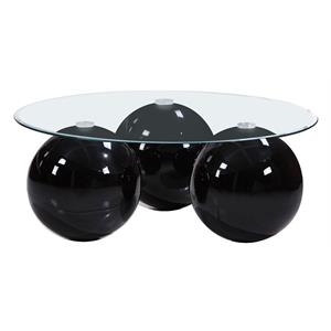 modern black coffee table with clear glass top and spherical base