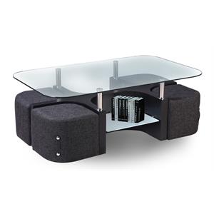 modern clear glass coffee table with 4 nestled stools in gray