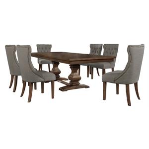 Walnut Wood 7pc Dining Set with Extendable Table and Gray Linen Chairs