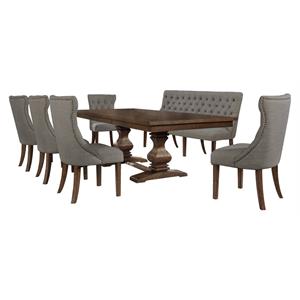 Walnut Wood 7pc Dining Set with Extendable Table and Gray Linen Chairs + Bench