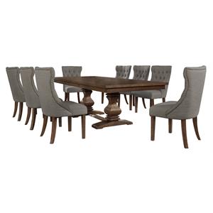Walnut Wood 9pc Dining Set with Extendable Table and Gray Linen Chairs
