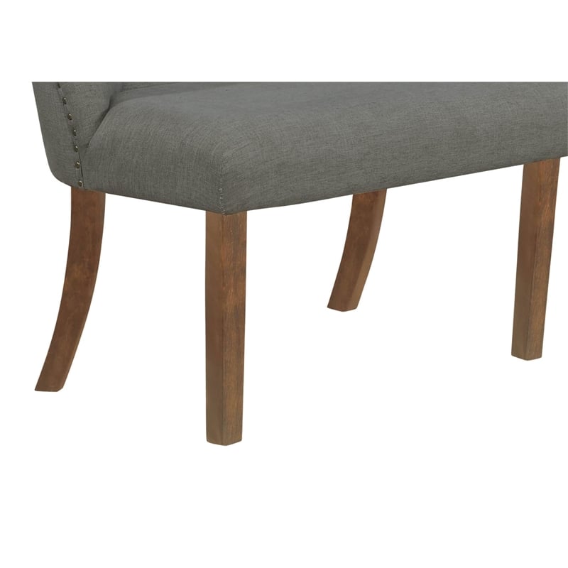 Large Gray Linen Dining Bench with Tufted Seats and Walnut Wood Base