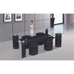 clear glass coffee table with black faux leather stools and base