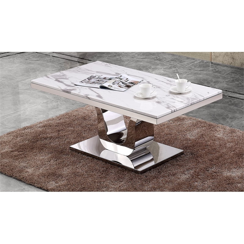 Genuine White Marble Coffee Table with Silver Stainless Steel Base